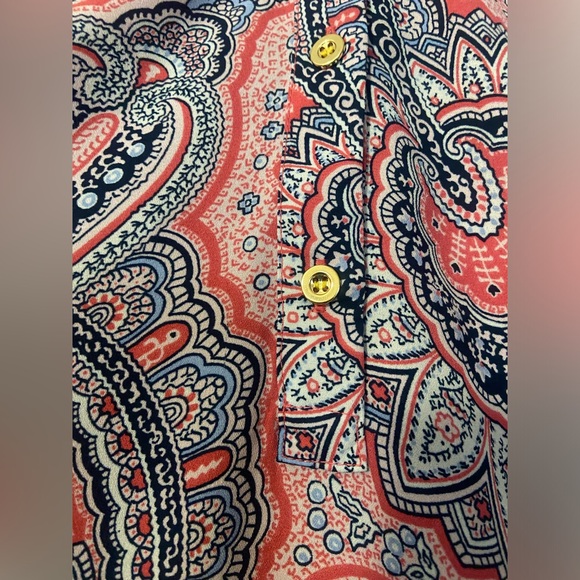 Talbots Paisley Peasant Top 3XL Pink Navy Balloon Sleeves Gold Button. - Picture 3 of 6